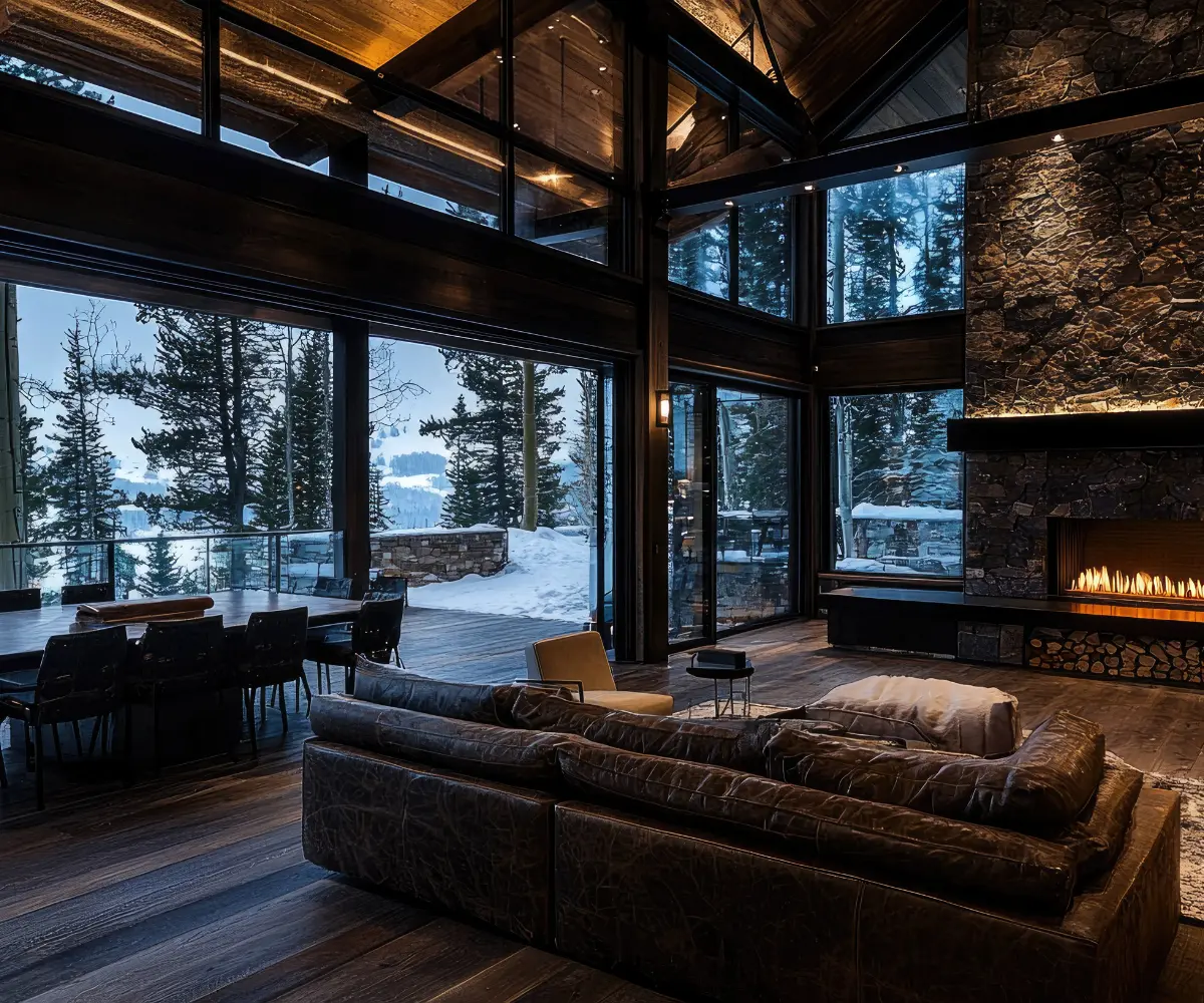 Cozy modern living room with large leather sectional sofa, stone fireplace with fire, and floor-to-ceiling windows showing snowy trees outside.